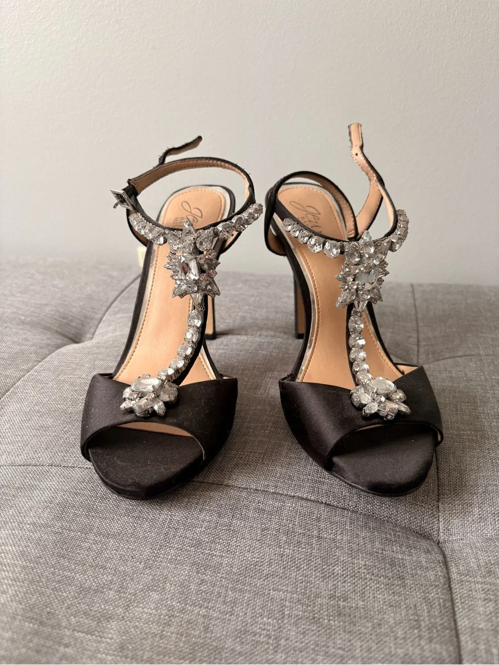 Black T-Strap Crystal Embellished Women's Heels